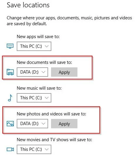 Save locations showing New documents: DATA (D:) and New photos and videos: DATA (D:) with Apply buttons