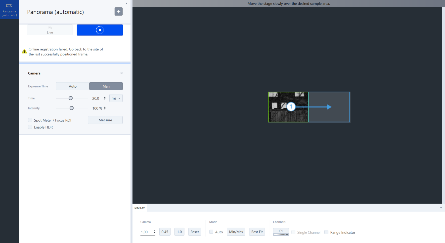 Panorama (automatic) UI with Camera panel and small panorama preview showing a blue right arrow labeled 1