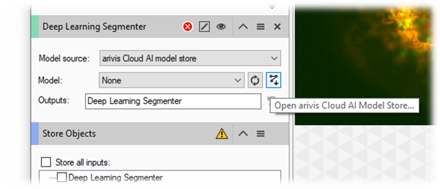 Deep Learning Segmenter panel showing Model source arivis Cloud AI model store, Model: None and Outputs field