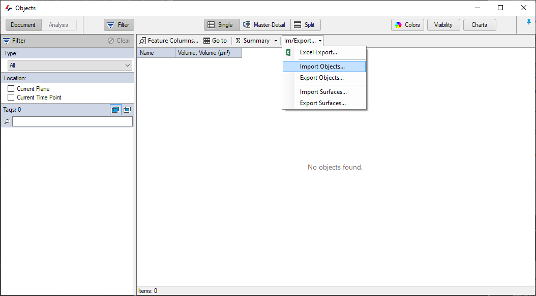 Objects window showing Filter panel and Im/Export menu with Import Objects... selected and 'No objects found.'