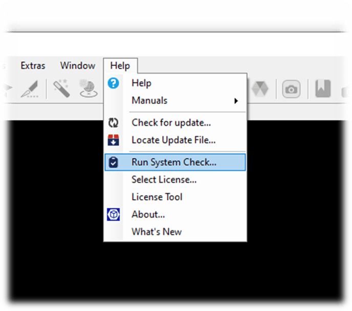 Help menu open showing 'Run System Check...' highlighted among menu options