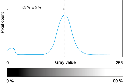 Graph of pixel count vs gray value with a centered peak labeled 55% ± 5% and grayscale bar 0%–100%