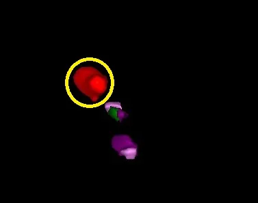 Red blob with yellow ring above small green and purple blobs on black background