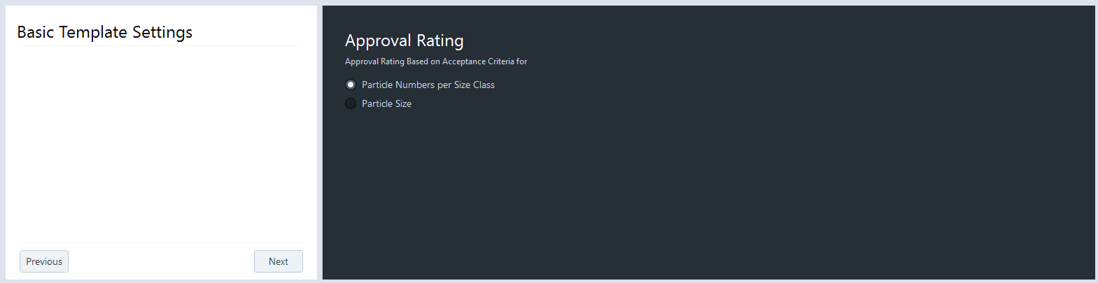 Basic Template Settings on left; Approval Rating on right with selected 'Particle Numbers per Size Class' radio.