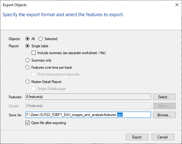Export Objects dialog: Single table, Features: 6, Save As path ends .csv, Open file after exporting checked