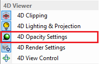 4D Viewer menu list with 4D Opacity Settings highlighted