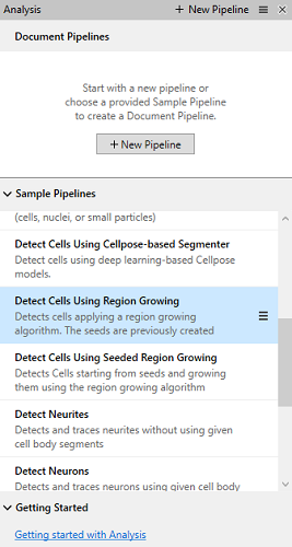 Analysis panel with 'Document Pipelines', '+ New Pipeline' button and highlighted sample 'Detect Cells Using Region Growing'