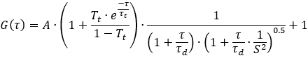 G(τ) = A·(1 + T_t·e^{-τ/τ_t}/(1 - T_t))·(1/(1+τ/τ_d)·(1+τ/τ_d·1/S^2)^{0.5}) + 1