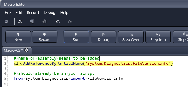 Macro Editor showing highlighted clr.AddReferenceByPartialName("System.Diagnostics.FileVersionInfo")