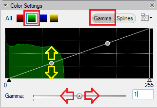 Color Settings dialog showing a Gamma graph with green histogram, a Gamma: slider and a textbox displaying 1