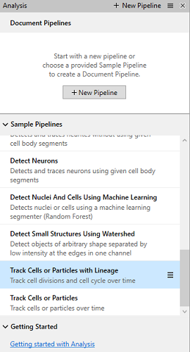 Analysis pane showing '+ New Pipeline' button and Sample Pipelines with 'Track Cells or Particles with Lineage' selected