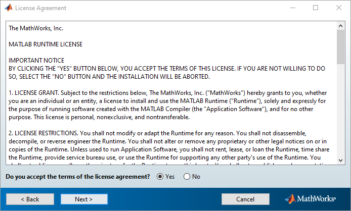 License Agreement dialog showing license text and a 'Do you accept the terms?' Yes/No prompt with Next and Cancel