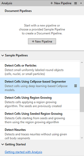 Document Pipelines panel showing Sample Pipelines list, Detect Cells Using Cellpose-based Segmenter selected