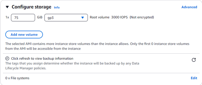 Configure storage panel showing 75 GiB gp3 root volume with 3000 IOPS and Add new volume button