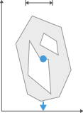 Gray irregular polygon with inner hole, blue center dot, downward blue arrow below, dimension arrows at top and left