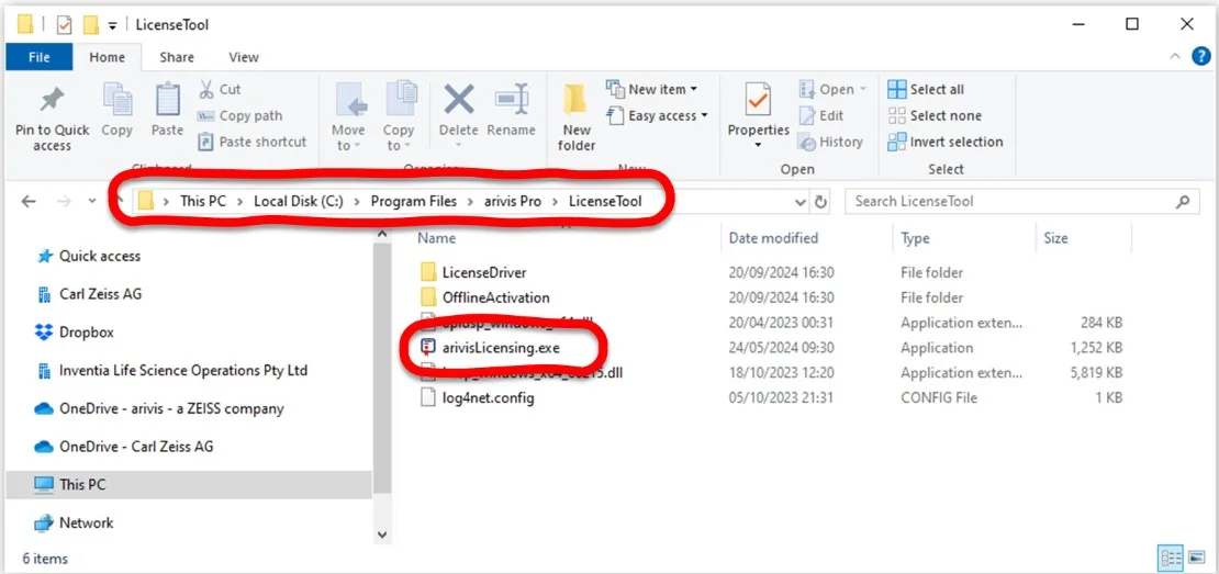 File Explorer showing path This PC > Local Disk (C:) > Program Files > arivis Pro > LicenseTool and circled arivisLicensing.exe