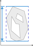 Irregular gray polygon with inner cutouts inside dashed blue bounding box with blue horizontal and vertical dimension arrows