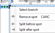 context menu showing options: Select branch, Remove spot   CANC, Split before spot, Split after spot