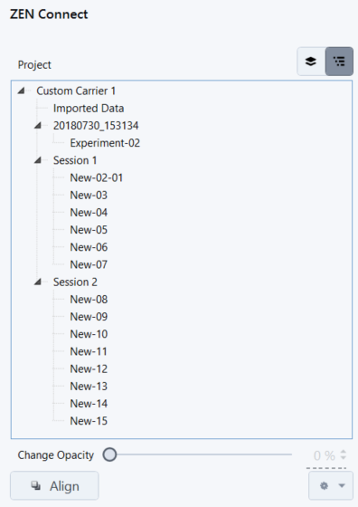 ZEN Connect Project tree showing Custom Carrier 1 > 20180730_153134 > Experiment-02 and Session 1 and Session 2 lists