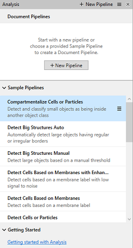 Document Pipelines panel with '+ New Pipeline' and Sample Pipelines list showing 'Compartmentalize Cells or Particles'