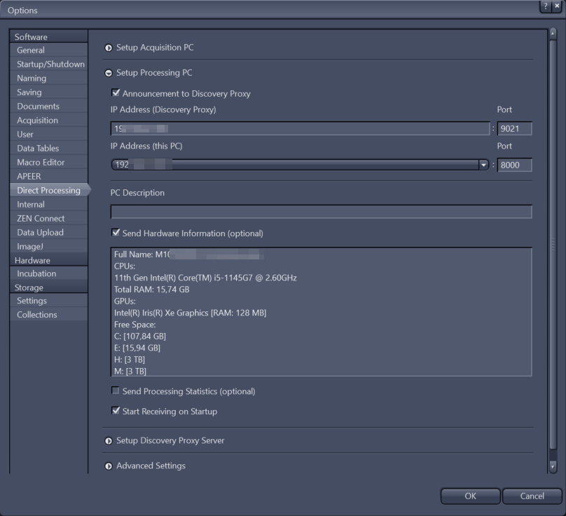 Options dialog: Direct Processing setup showing Discovery Proxy ports 9021/8000 and Send Hardware Information.