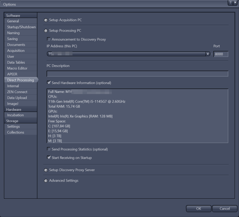 Options dialog showing Setup Processing PC, IP Address field, Port 8000, Send Hardware Information checked, Start Receiving on Startup checked