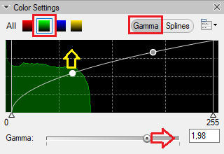 Color Settings dialog with Gamma tab, green channel curve, and Gamma slider set to 1,98