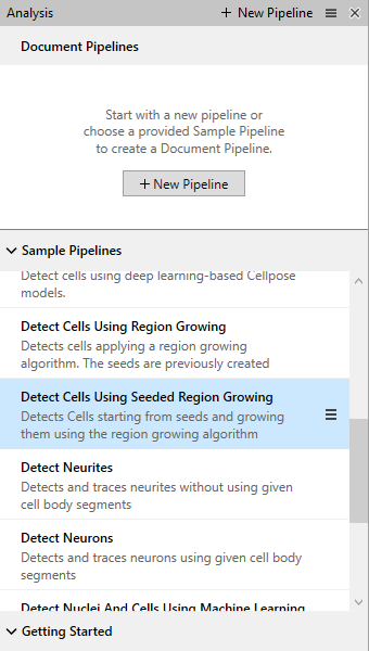 Analysis pane with '+ New Pipeline' button and 'Detect Cells Using Seeded Region Growing' highlighted in Sample Pipelines.