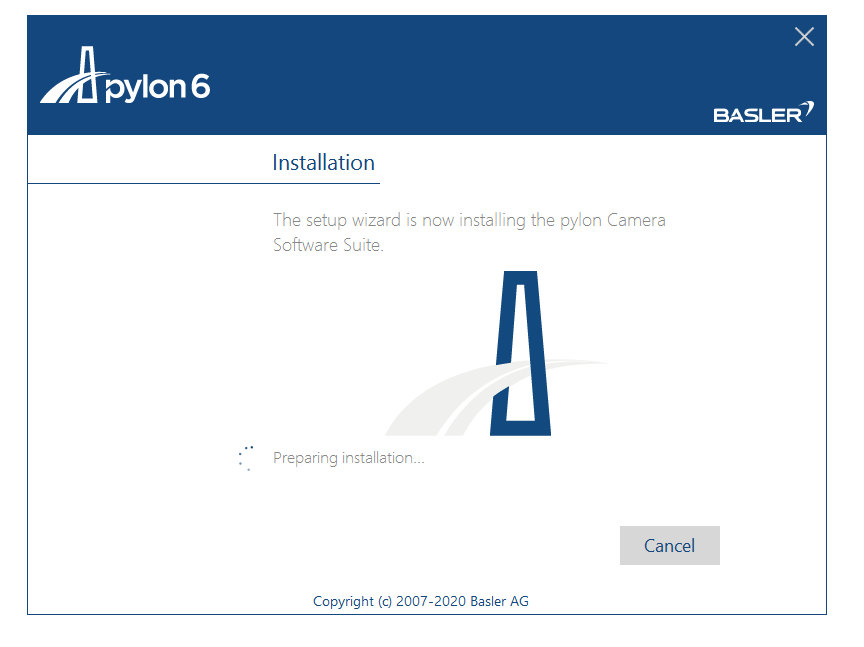 pylon6 installer window titled Installation showing Preparing installation... text, pylon logo and Cancel button