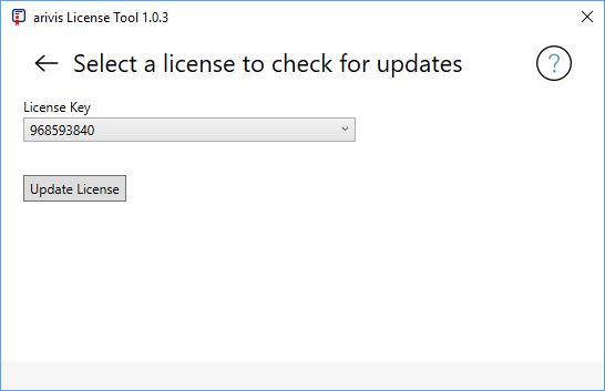 arivis License Tool window 'Select a license to check for updates' showing License Key 968593840 and Update License button