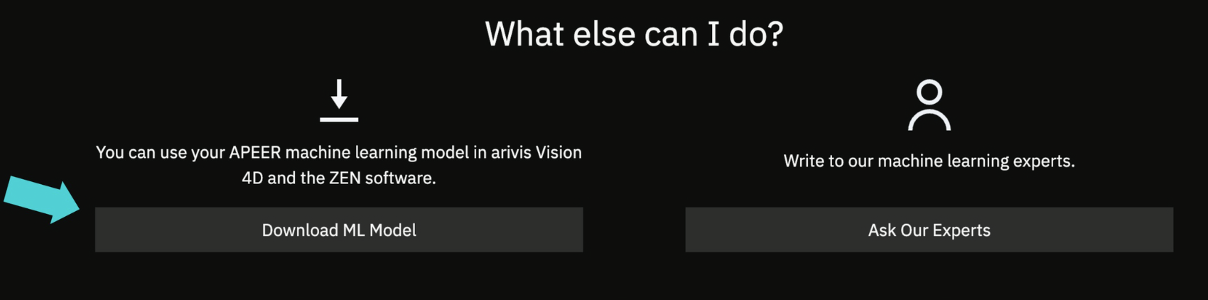 What else can I do? header with APEER model text and a Download ML Model button highlighted by teal arrow