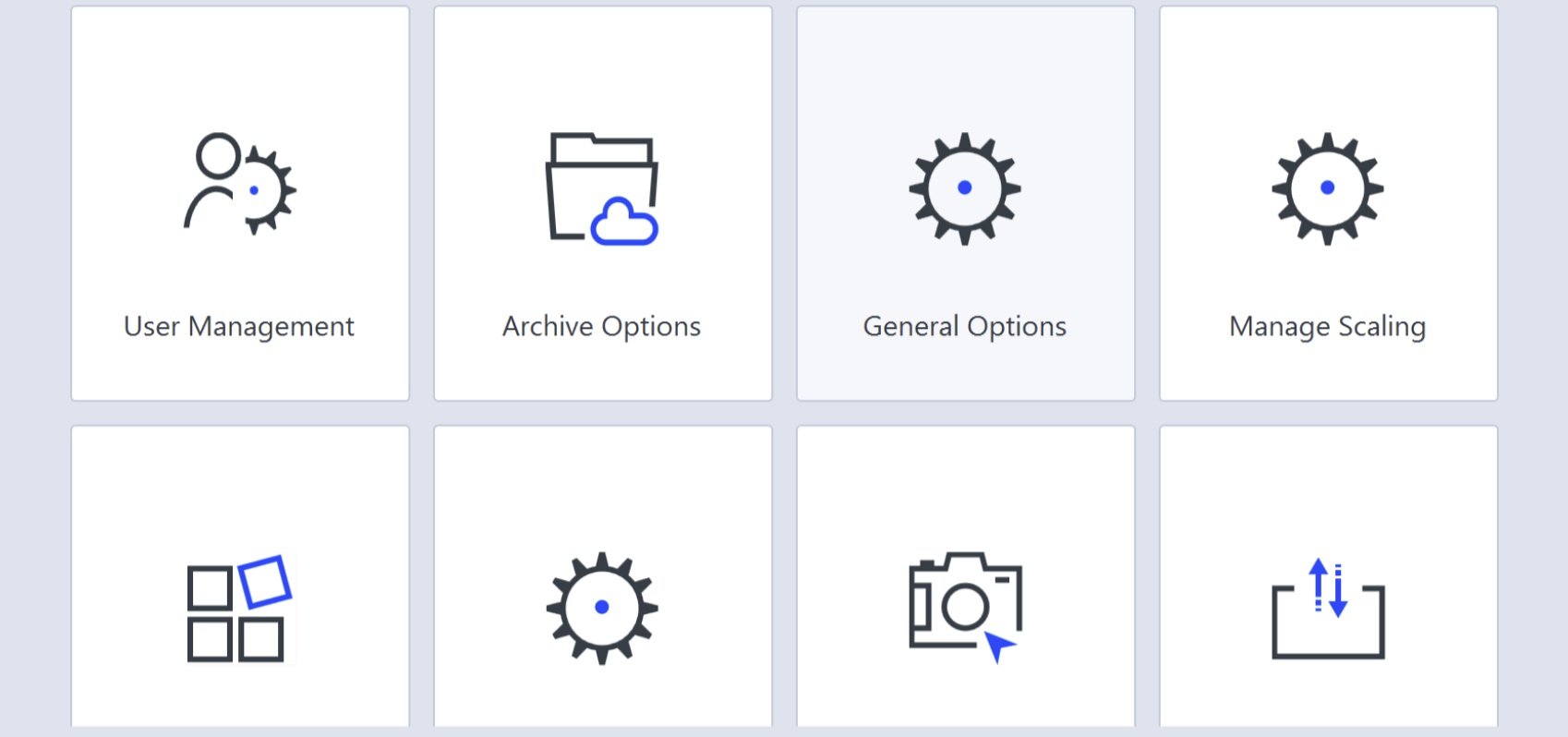 Grid of tiles showing User Management, Archive Options, General Options, and Manage Scaling with blue-accent icons