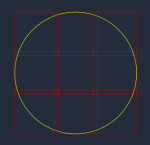 Yellow circle centered inside red square with red grid lines and blue square frame on dark background