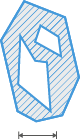 Blue outlined polygon with diagonal hatch fill, smaller inner polygon hole and horizontal double-headed arrow below