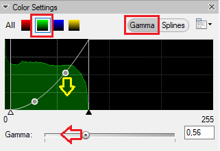 Color Settings dialog with Gamma tab selected, green channel, curve point, Gamma slider set to 0,56