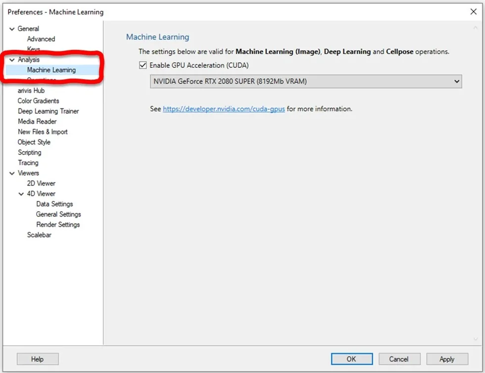 Preferences Machine Learning panel with Enable GPU Acceleration (CUDA) checked and NVIDIA GeForce RTX 2080 SUPER selected