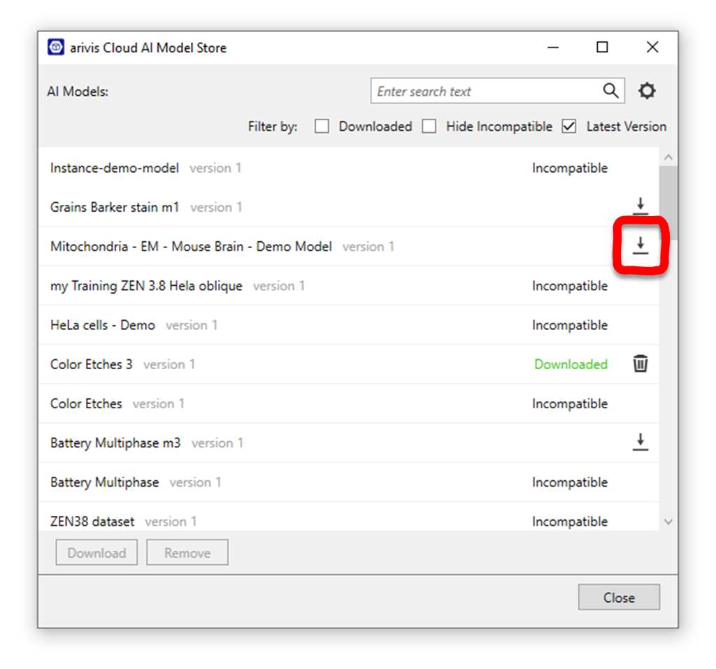 arivis Cloud AI Model Store showing 'Mitochondria - EM - Mouse Brain - Demo Model' with circled download icon