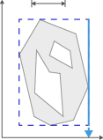 Gray irregular polygon with two white holes inside dashed blue bounding box and outer blue frame with vertical arrow