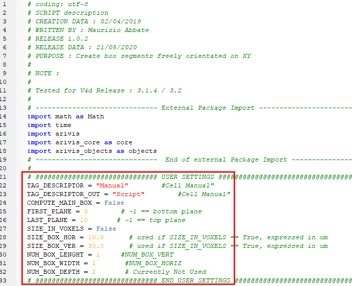 Python code screenshot showing red-outlined USER SETTINGS block with TAG_DESCRIPTOR 'Manual', FIRST_PLANE 3, LAST_PLANE 10