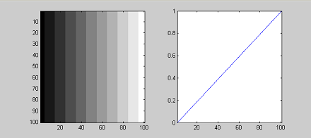 Grayscale vertical ramp at left and right-side plot showing a straight blue diagonal transfer curve