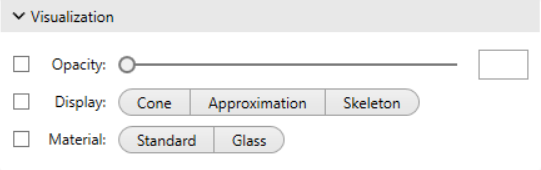 Visualization section showing Opacity slider, Display buttons Cone Approximation Skeleton, and Material buttons Standard Glass