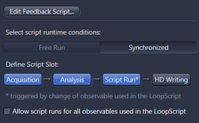 Edit Feedback Script dialog with Synchronized selected and slot Acquisition → Analysis → Script Run* → HD Writing