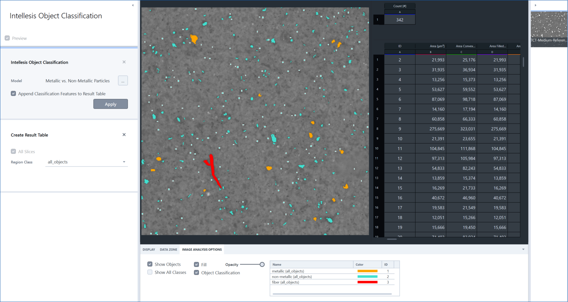 Intellesis Object Classification screenshot: grayscale sample with colored particle overlays and right results table