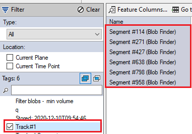 Filter panel showing checked tag 'Track#1' and segment list: Segment #114, #271, #427, #638, #798, #958 (Blob Finder)