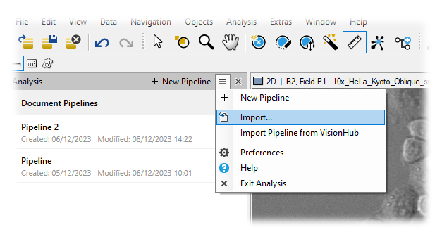 Analysis panel showing Document Pipelines list and a dropdown menu with Import... option highlighted