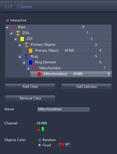 Classes panel showing tree with Primary Object AF568 and Mitochondrion AF488; buttons Add Class/Add Subclass/Remove Class