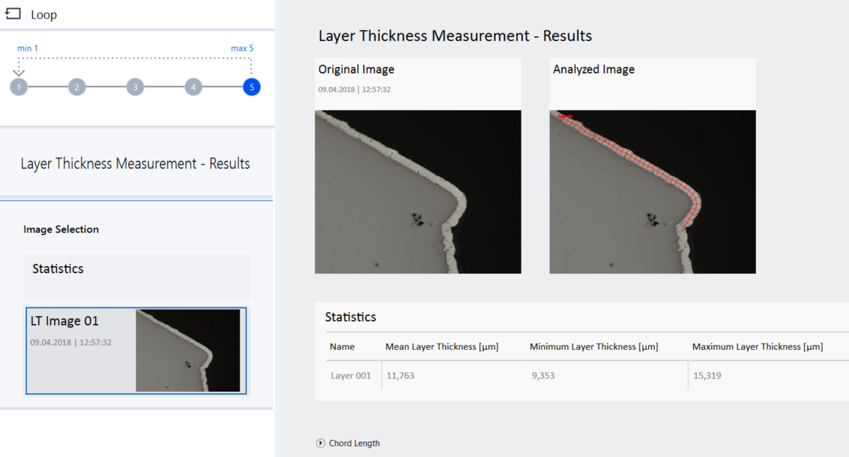 Layer Thickness Measurement results screen showing original and analyzed images with red chords and a statistics table