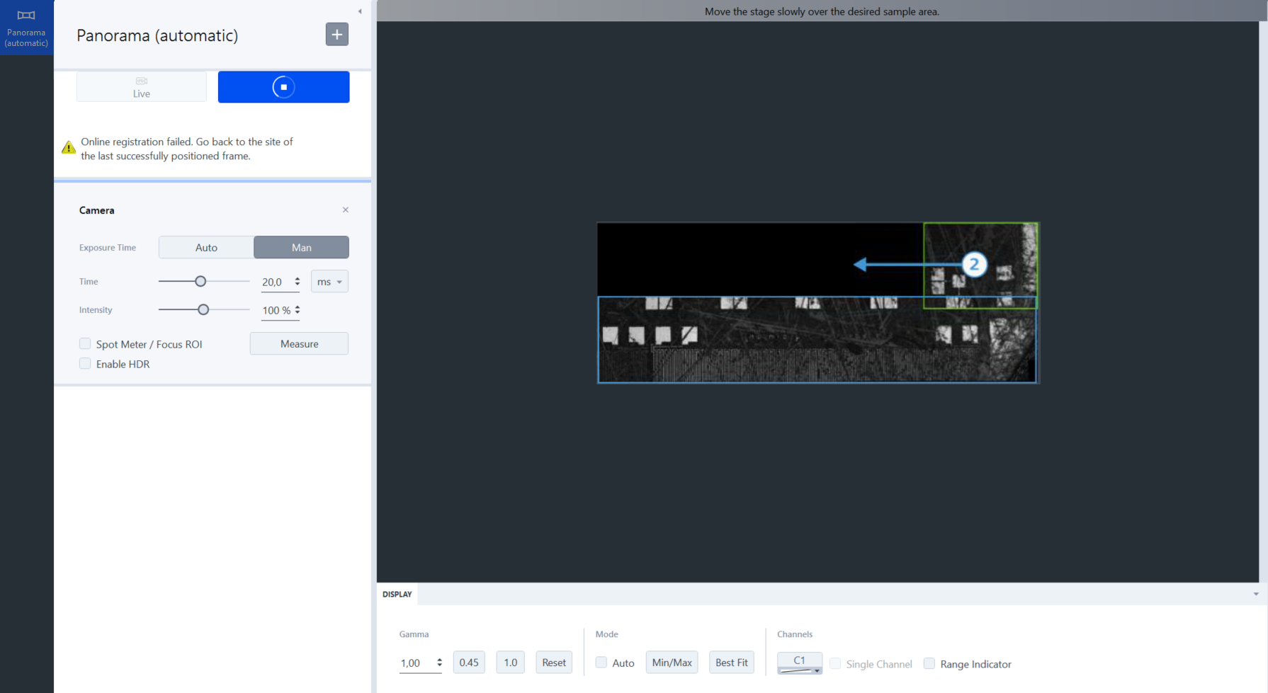 Panorama (automatic) UI with Camera panel and larger panorama preview showing a blue left arrow labeled 2
