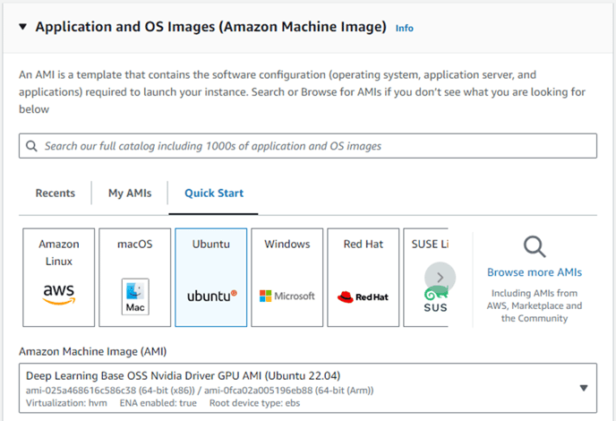 Application and OS Images panel with Ubuntu tab selected and AMI 'Deep Learning Base OSS Nvidia Driver GPU AMI (Ubuntu 22.04)'