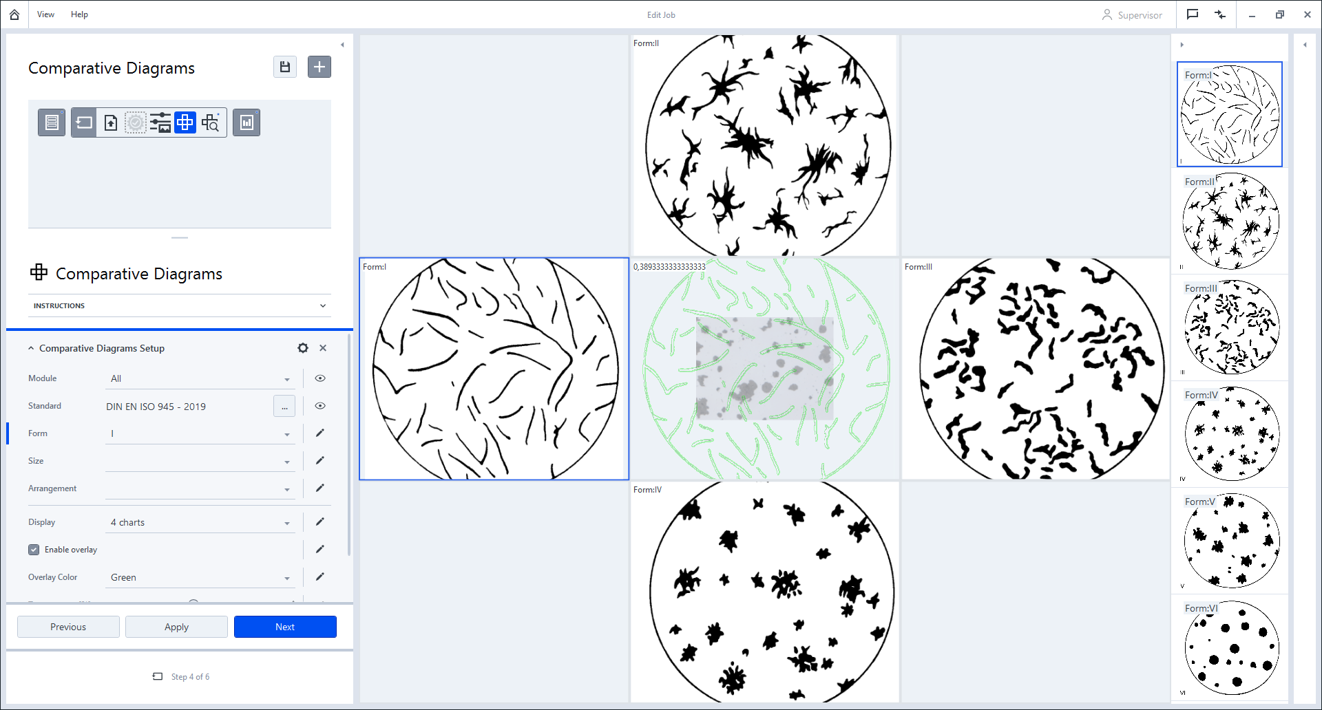 Software interface titled Comparative Diagrams with left setup panel and grid of circular chart images labeled Form:I–VI